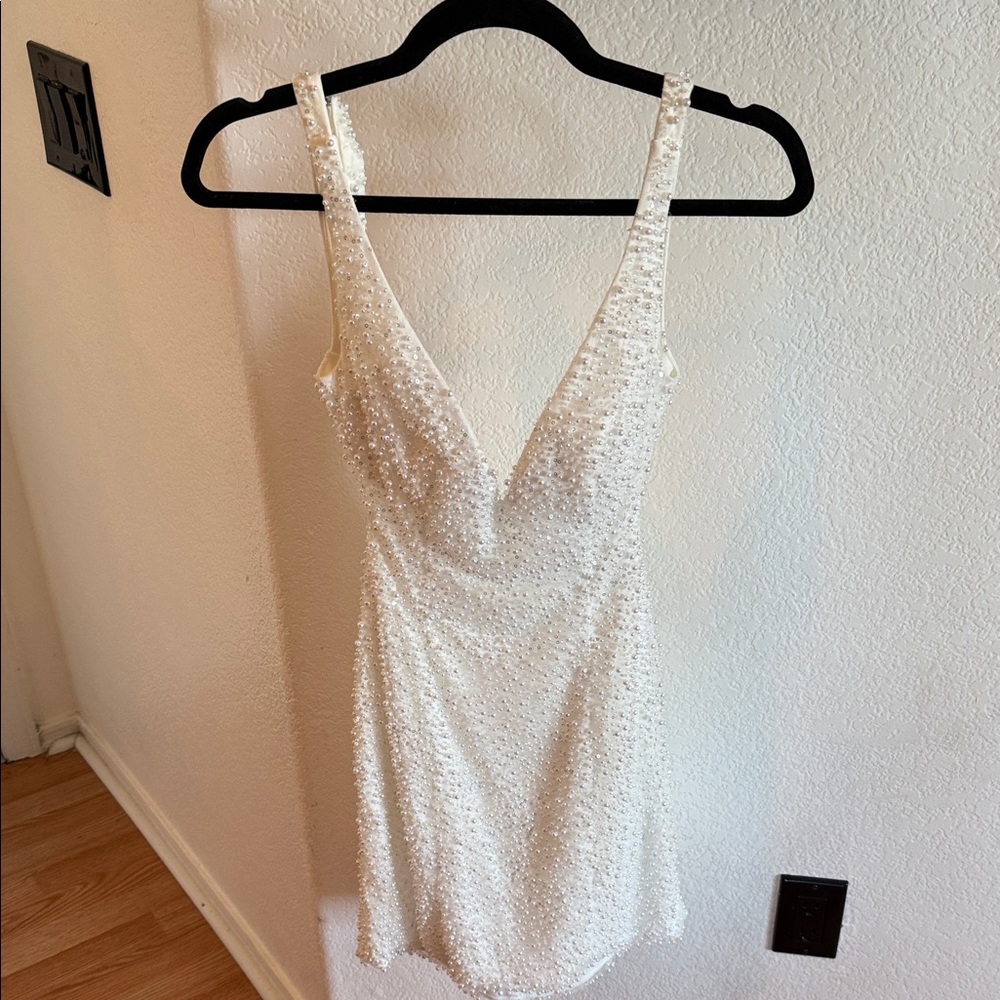 Ivory Beaded Deep V Mini Dress